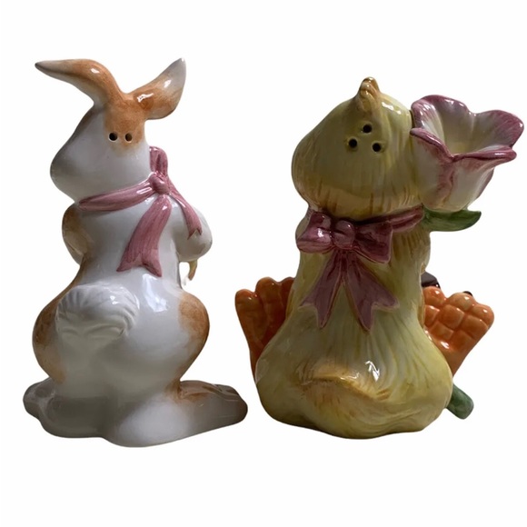 Fitz And Floyd Eggscapades Easter Bunny Chick Salt Pepper Shaker Set Vintage - Picture 2 of 6